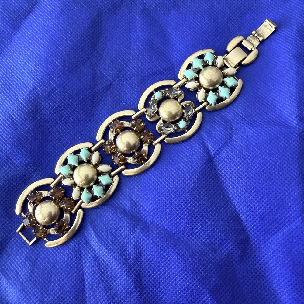 Stella & Dot Gold Tone Turquoise Rhinestone Flower Bracelet Womens 7.5 Inch Boho
